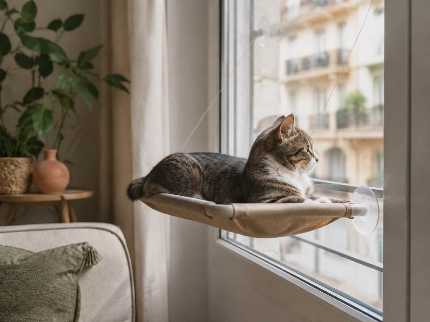 Chat reposant sur un hamac fixé à une fenêtre ensoleillée
