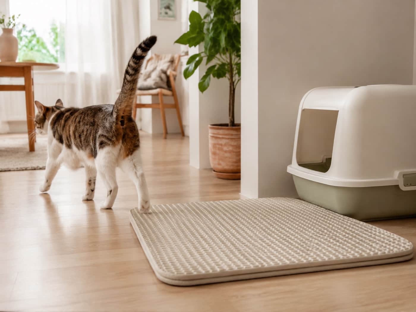 Tapis installé devant un bac à litière dans un espace soigné