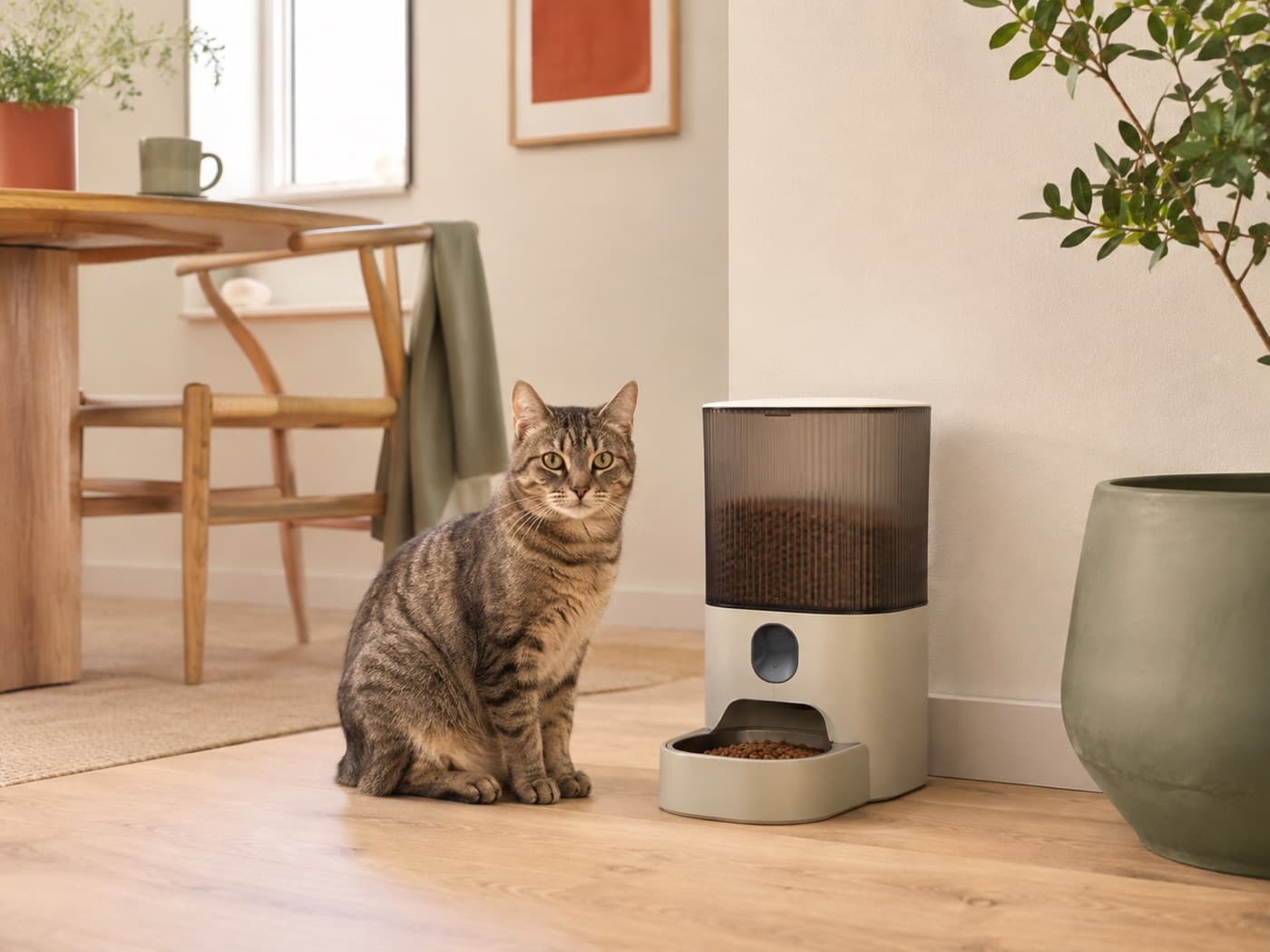 Chat près d’un distributeur de croquettes dans une cuisine contemporaine