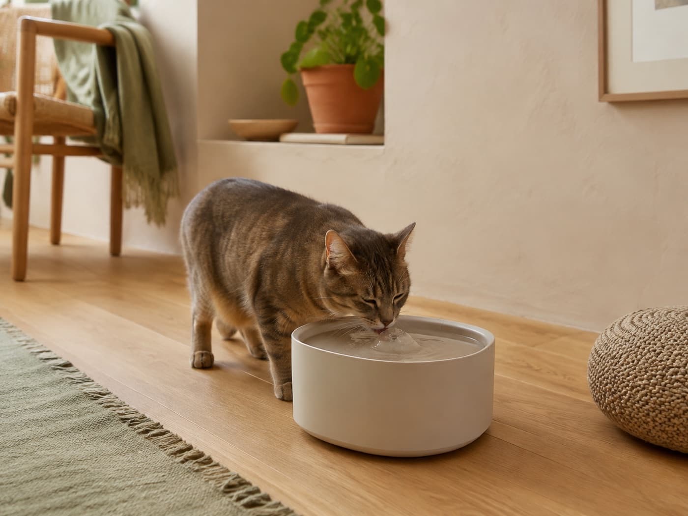 Chat près d’une fontaine à eau dans un intérieur lumineux