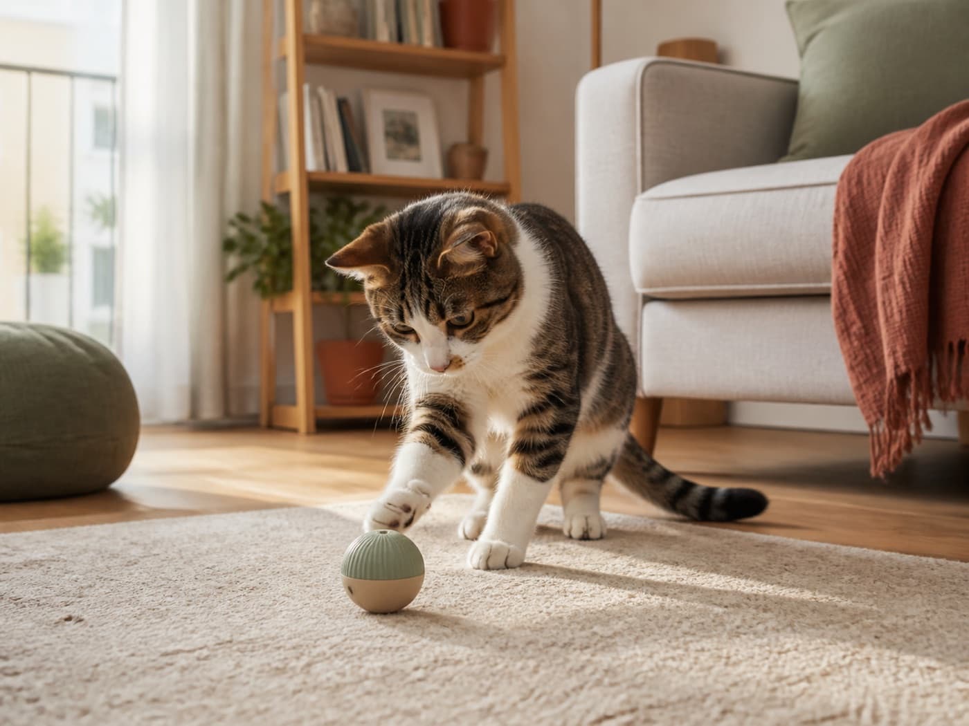 Chat jouant dans un salon clair et chaleureux