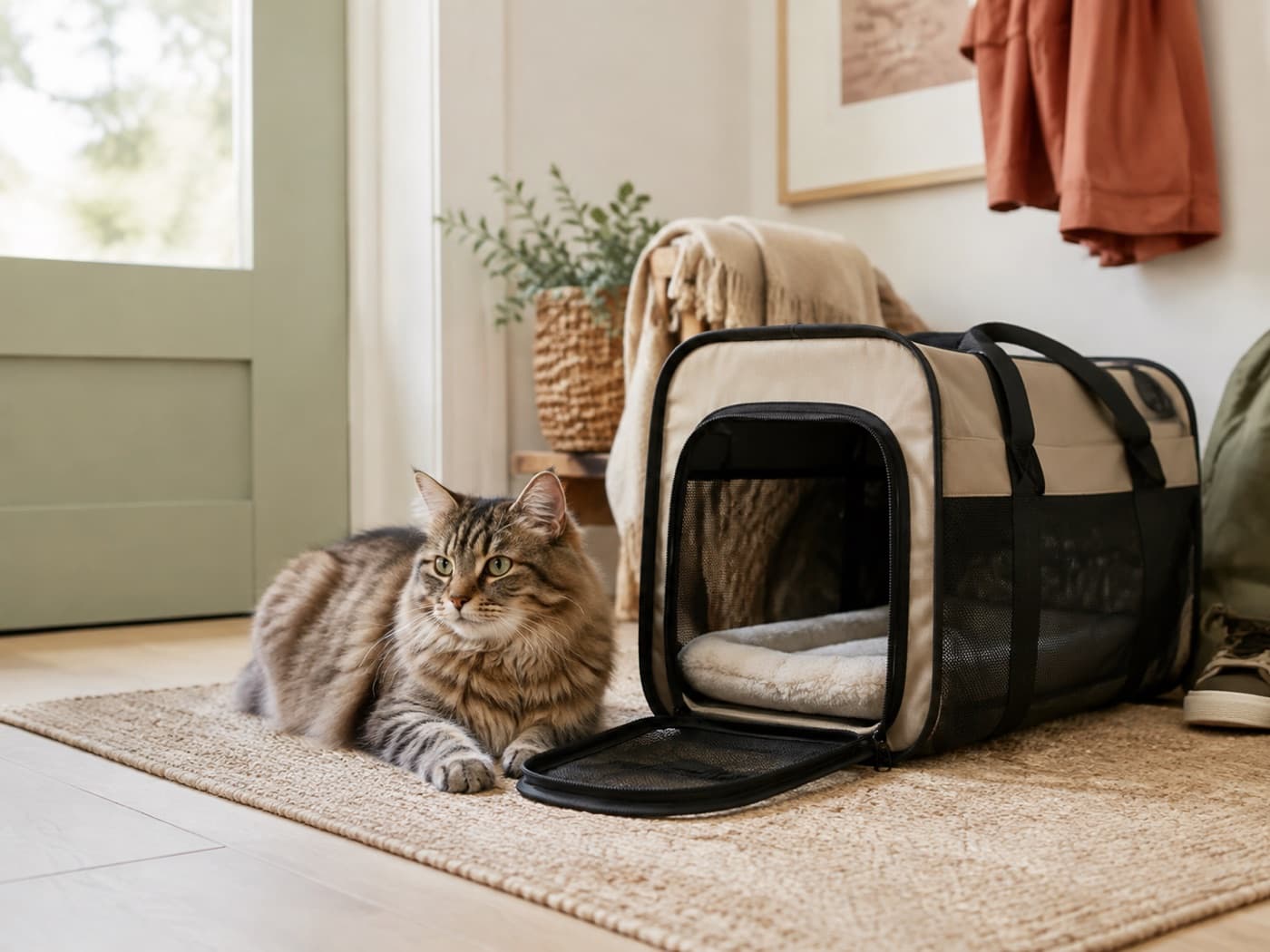 Chat près d’un sac de transport ouvert dans une entrée