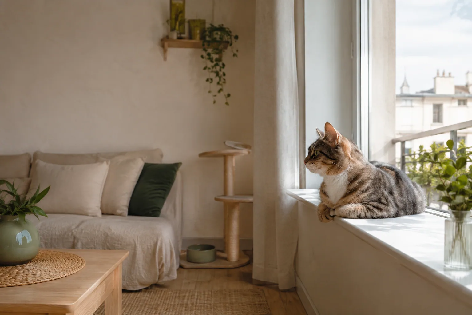Chat tigré installé près de la fenêtre d’un appartement lumineux
