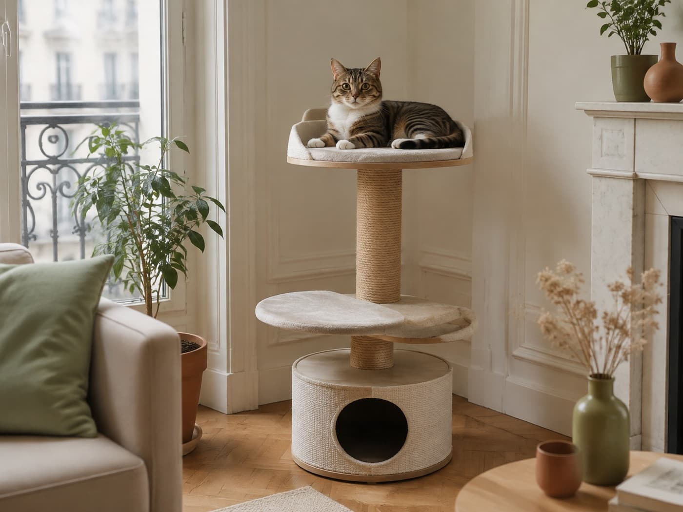 Chat installé sur un arbre à chat compact près d’une fenêtre
