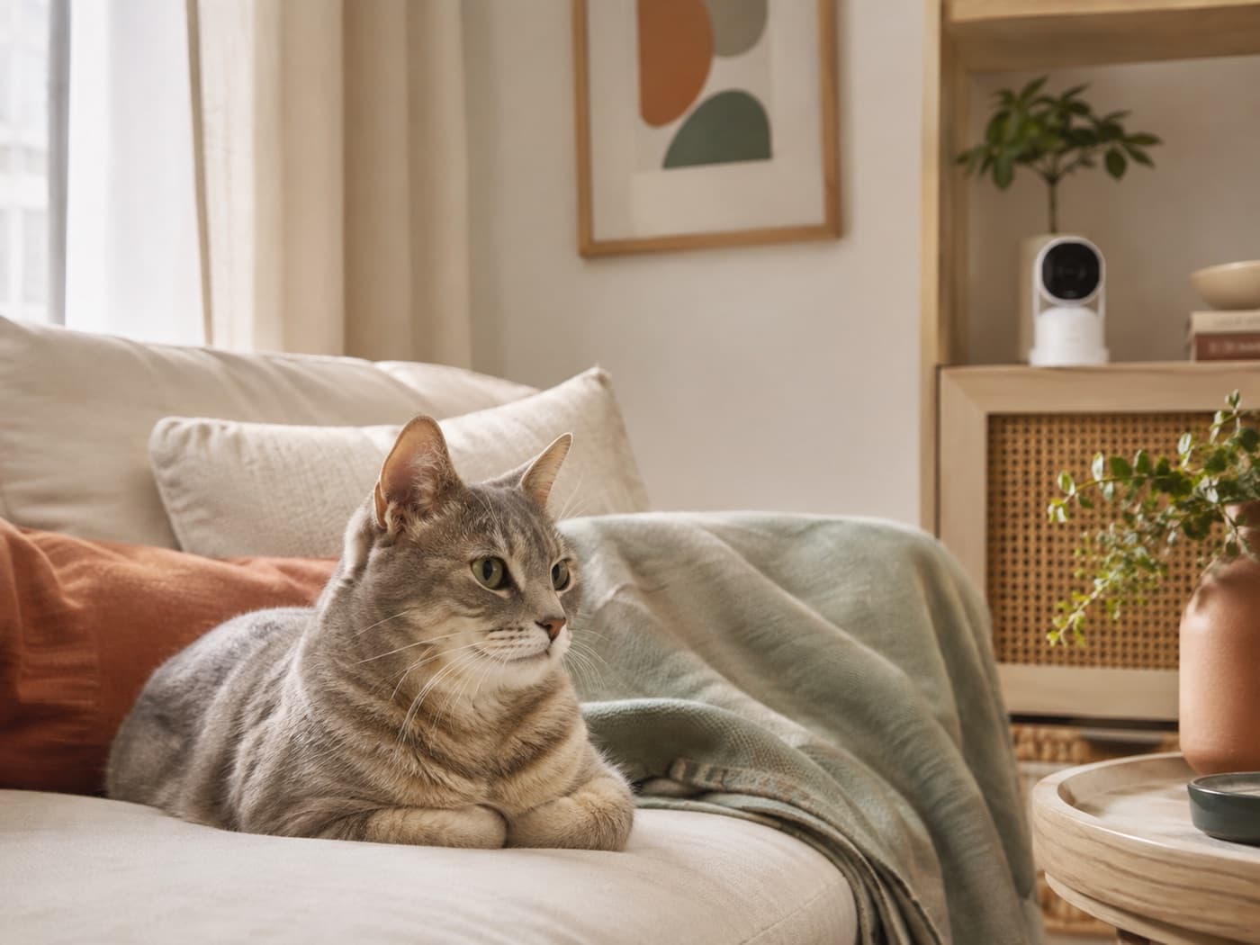 Chat dans un salon équipé d’une petite caméra intérieure