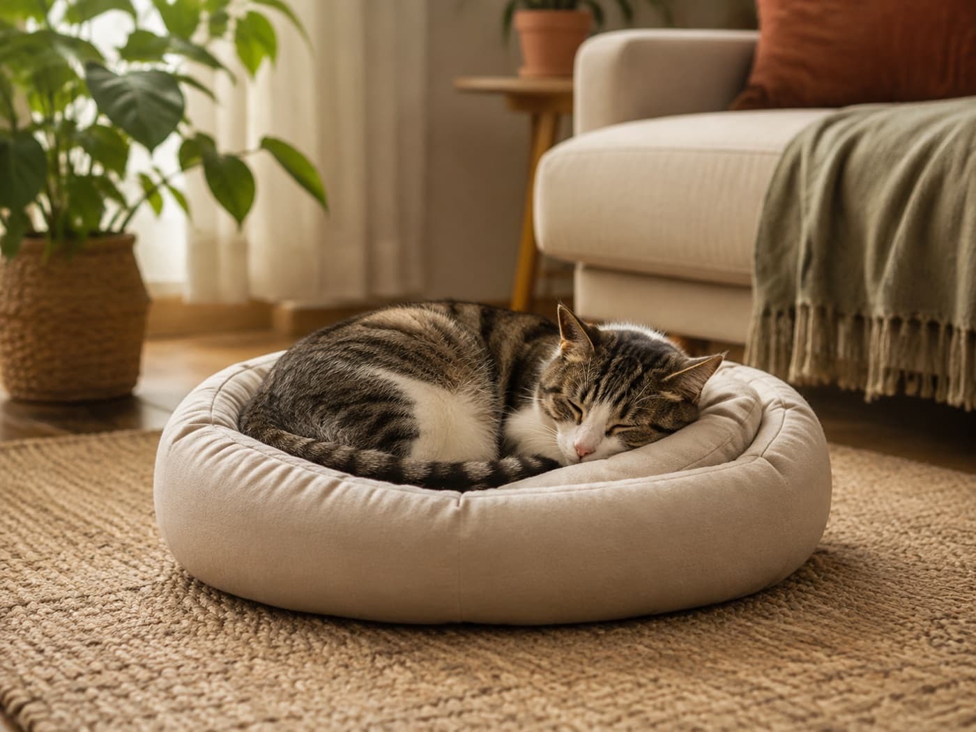 Chat endormi dans un couchage confortable et lumineux